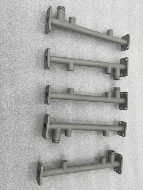 Grey MJF nylon manifold tubes with flanges — 3D printing